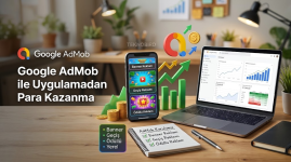 Ahşap çalışma masası üzerinde Google AdMob gelir istatistiklerini gösteren bir dizüstü bilgisayar, ekranda banner, geçiş ve ödüllü reklam modelleri açık olan akıllı telefon, yükselişi simgeleyen yeşil oklar, madeni paralar ve not defteri eşliğinde hazırlanan Google AdMob ile Uygulamadan Para Kazanma başlıklı Teknobird rehber görseli. Ahşap çalışma masası üzerinde Google AdMob gelir istatistiklerini gösteren bir dizüstü bilgisayar, ekranda banner, geçiş ve ödüllü reklam modelleri açık olan akıllı telefon, yükselişi simgeleyen yeşil oklar, madeni paralar ve not defteri eşliğinde hazırlanan Google AdMob ile Uygulamadan Para Kazanma başlıklı Teknobird rehber görseli.
